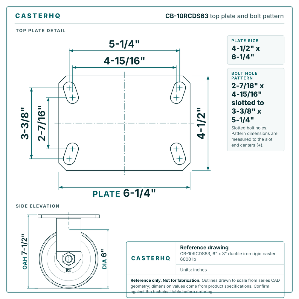 CB-10RCDS63 top plate bolt pattern drawing, 4-1/2 x 6-1/4 in plate, slotted bolt holes