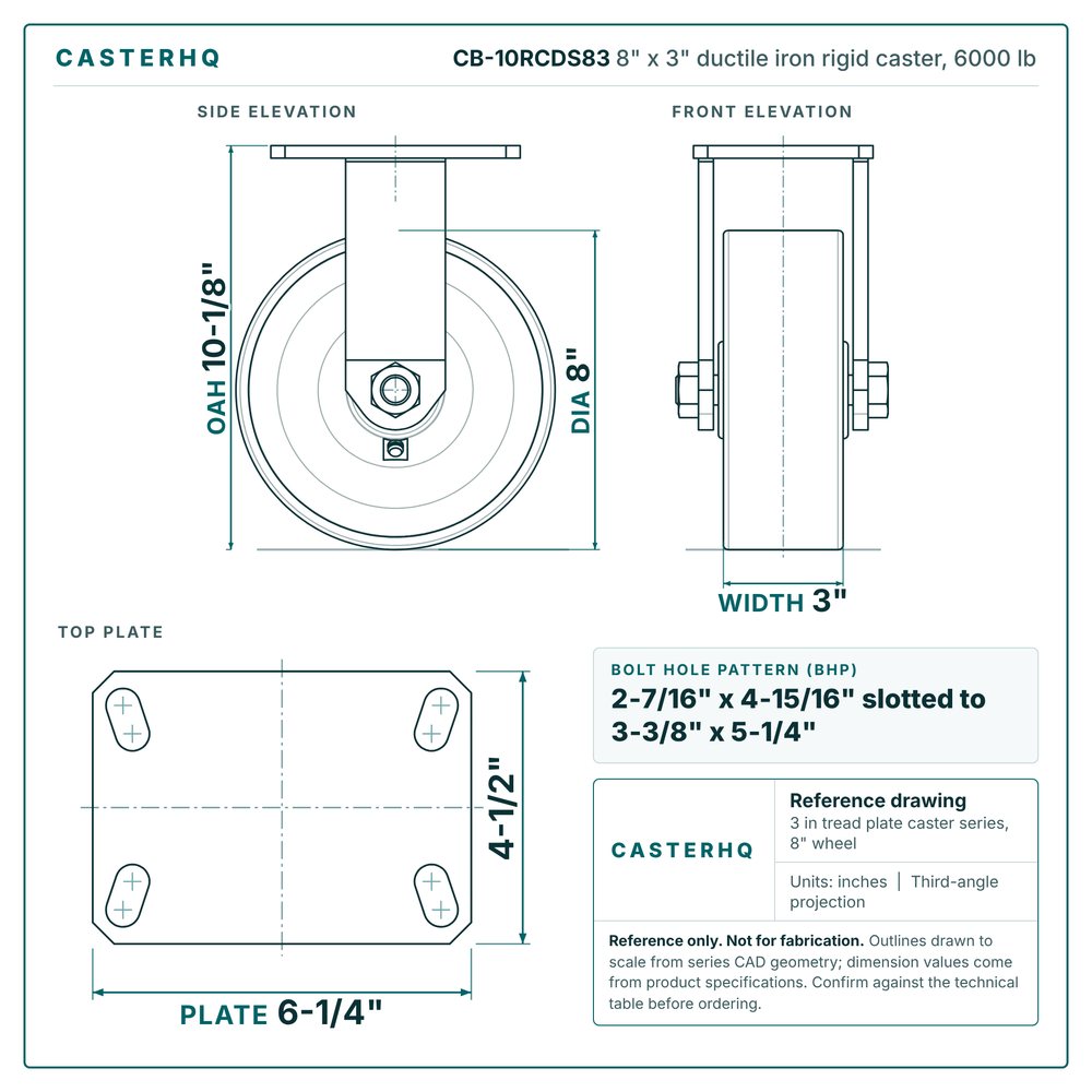CB-10RCDS83 8 x 3 in ductile iron rigid caster reference drawing, side, front and top plate views with dimensions