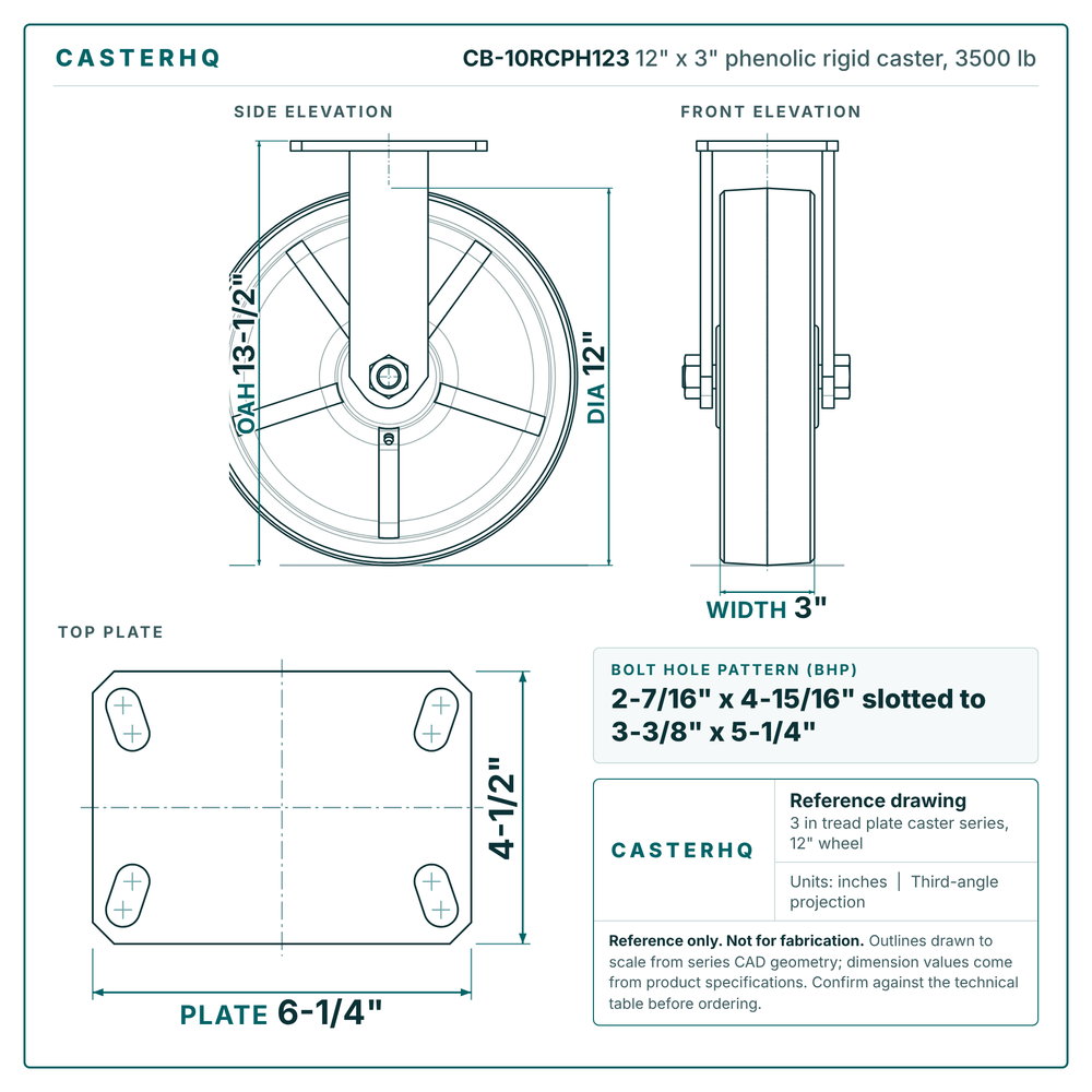 CB-10RCPH123 12 x 3 in phenolic rigid caster reference drawing, side, front and top plate views with dimensions