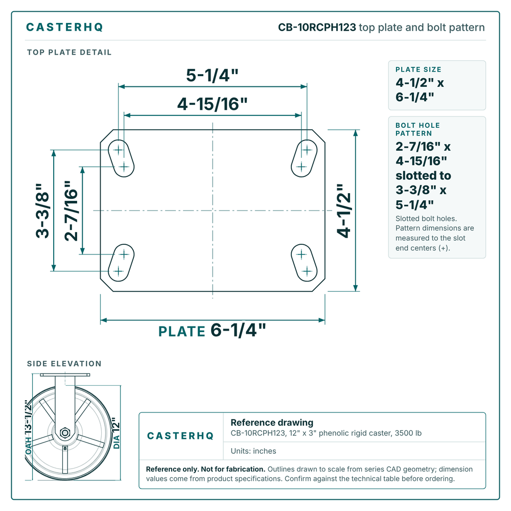 CB-10RCPH123 top plate bolt pattern drawing, 4-1/2 x 6-1/4 in plate, slotted bolt holes