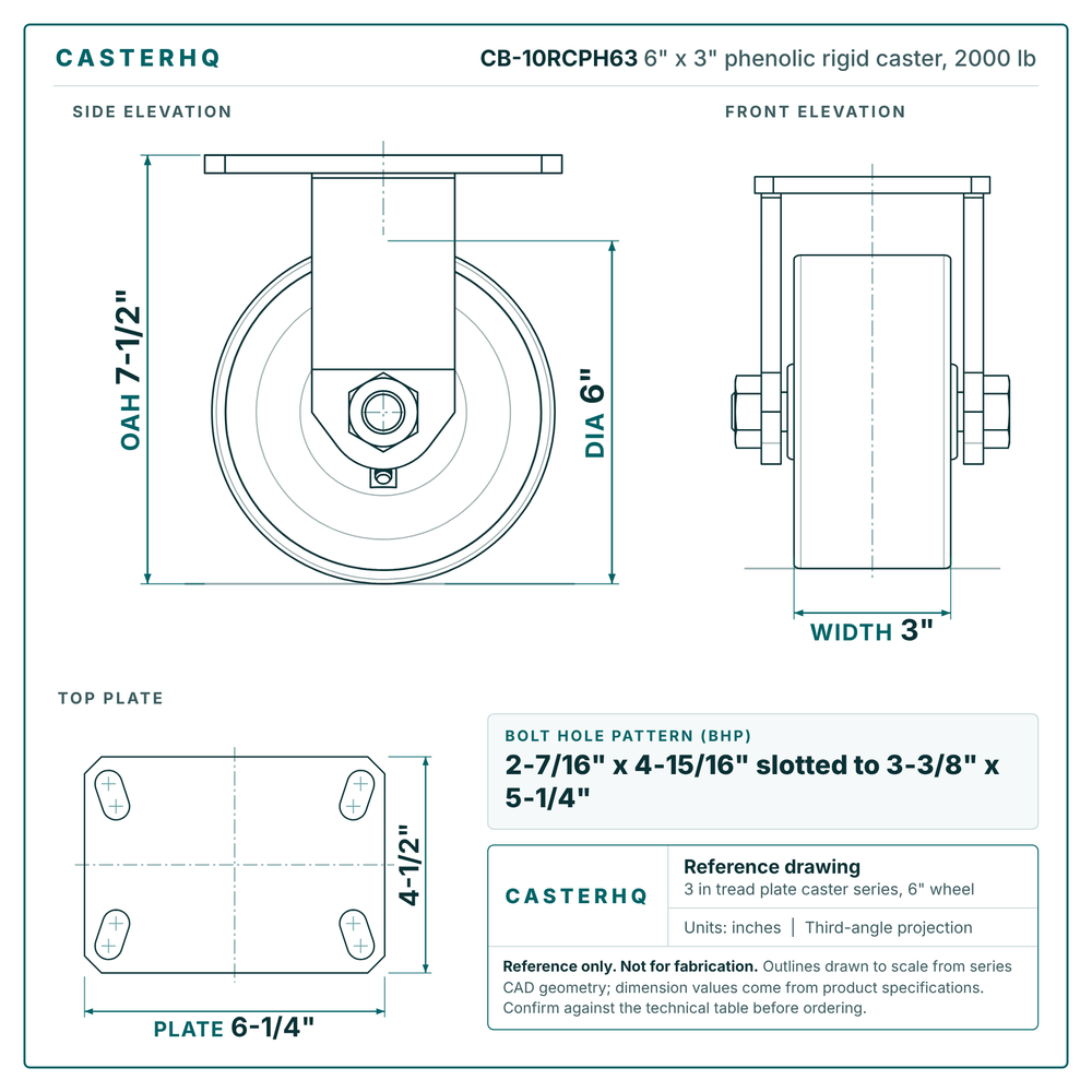 CB-10RCPH63 6 x 3 in phenolic rigid caster reference drawing, side, front and top plate views with dimensions