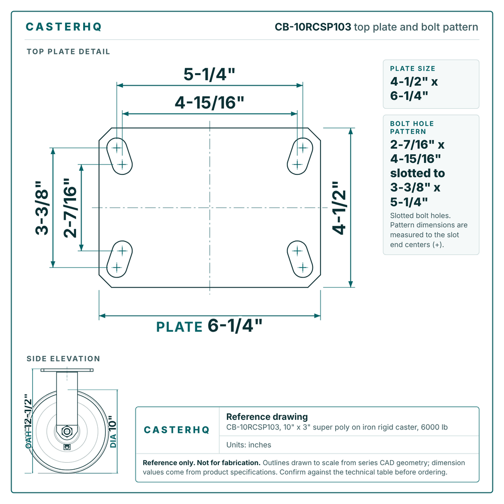 CB-10RCSP103 top plate bolt pattern drawing, 4-1/2 x 6-1/4 in plate, slotted bolt holes