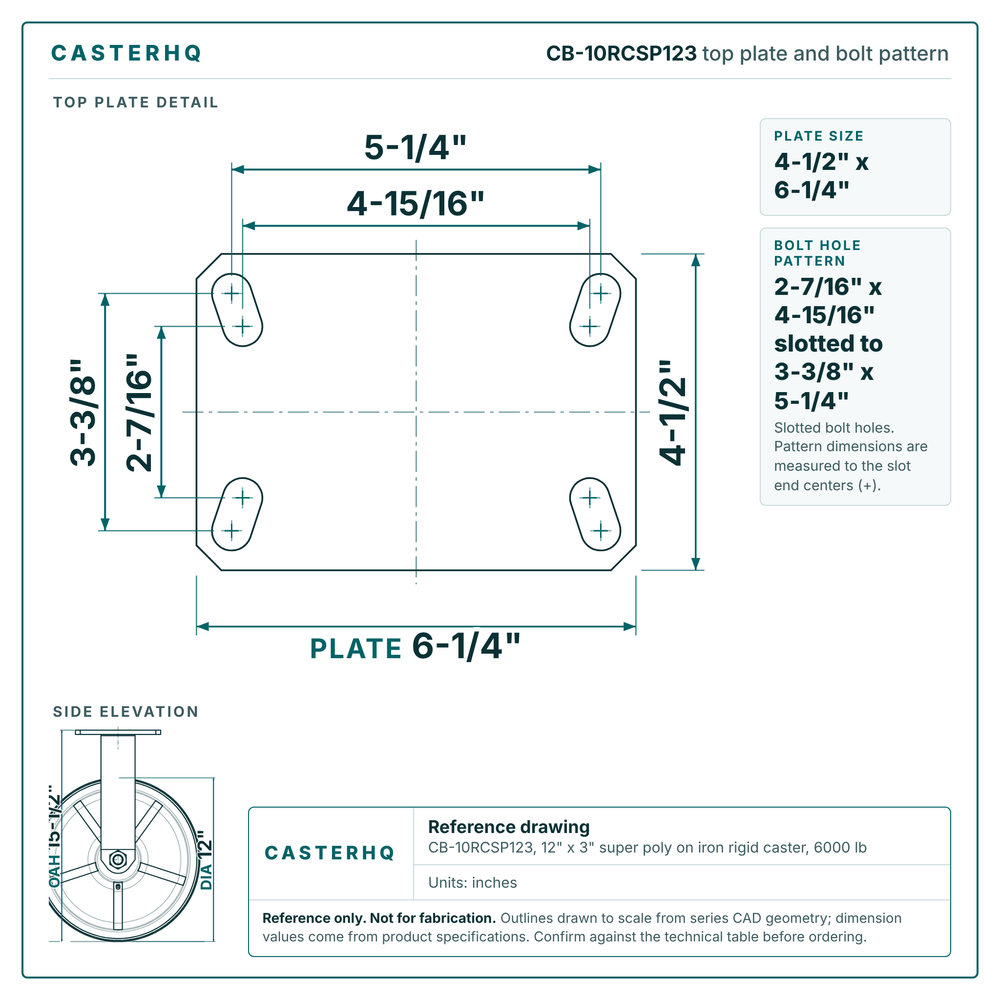 CB-10RCSP123 top plate bolt pattern drawing, 4-1/2 x 6-1/4 in plate, slotted bolt holes