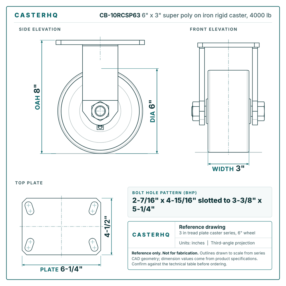 CB-10RCSP63 6 x 3 in super poly on iron rigid caster reference drawing, side, front and top plate views with dimensions