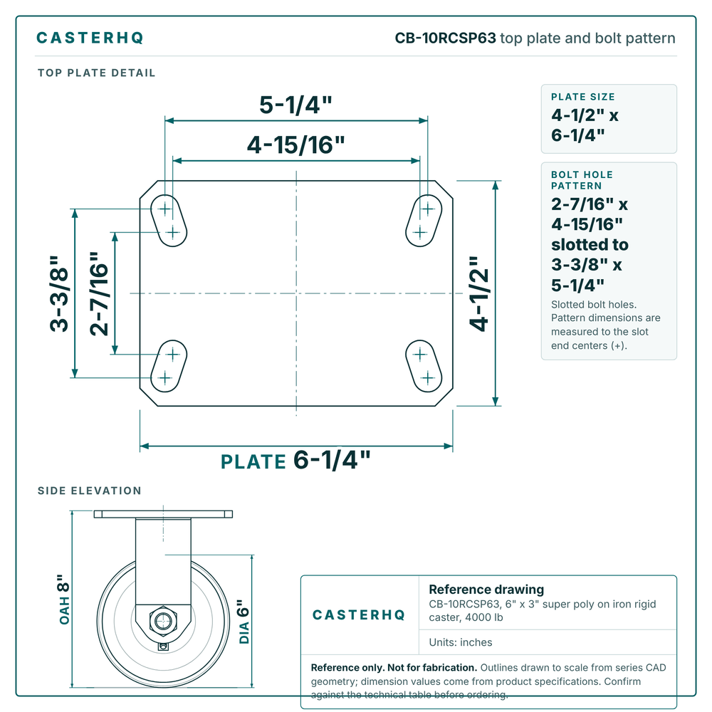 CB-10RCSP63 top plate bolt pattern drawing, 4-1/2 x 6-1/4 in plate, slotted bolt holes