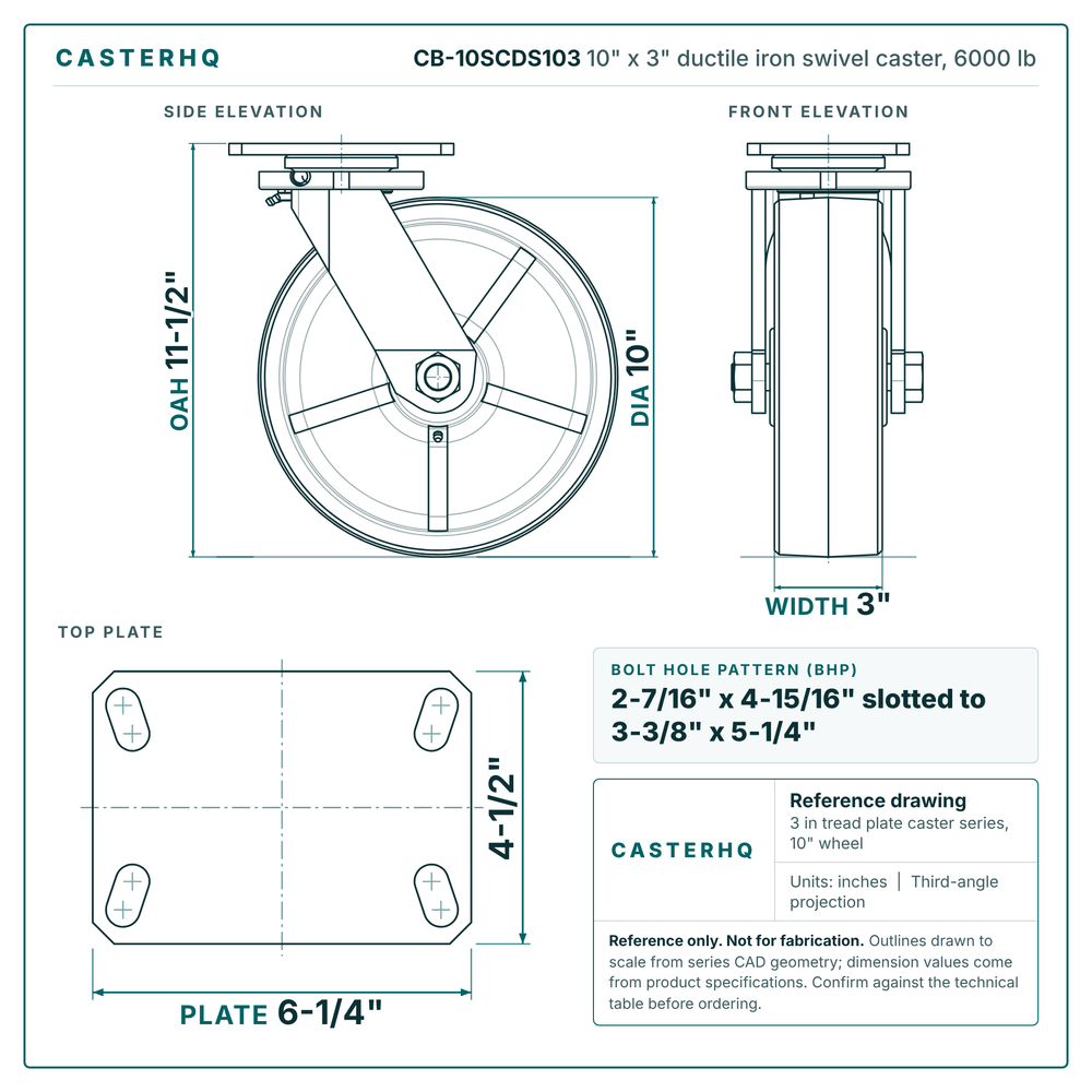 CB-10SCDS103 10 x 3 in ductile iron swivel caster reference drawing, side, front and top plate views with dimensions
