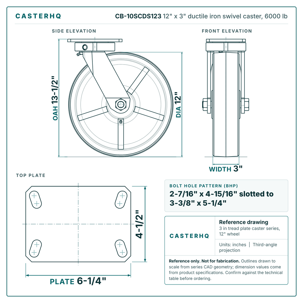 CB-10SCDS123 12 x 3 in ductile iron swivel caster reference drawing, side, front and top plate views with dimensions