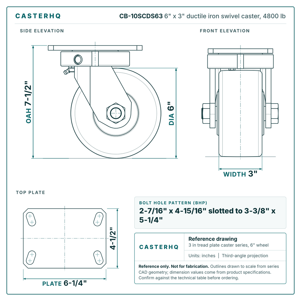 CB-10SCDS63 6 x 3 in ductile iron swivel caster reference drawing, side, front and top plate views with dimensions
