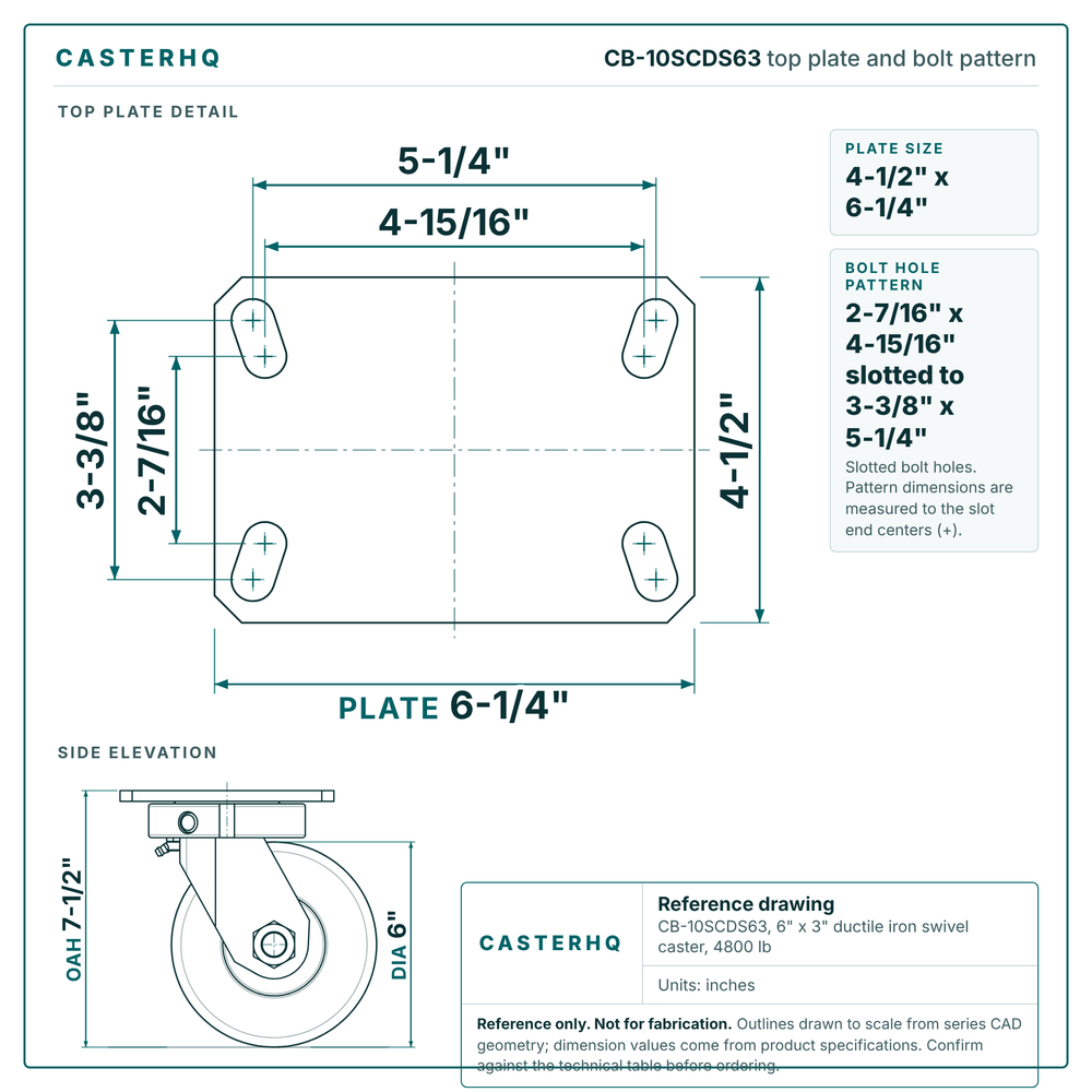 CB-10SCDS63 top plate bolt pattern drawing, 4-1/2 x 6-1/4 in plate, slotted bolt holes