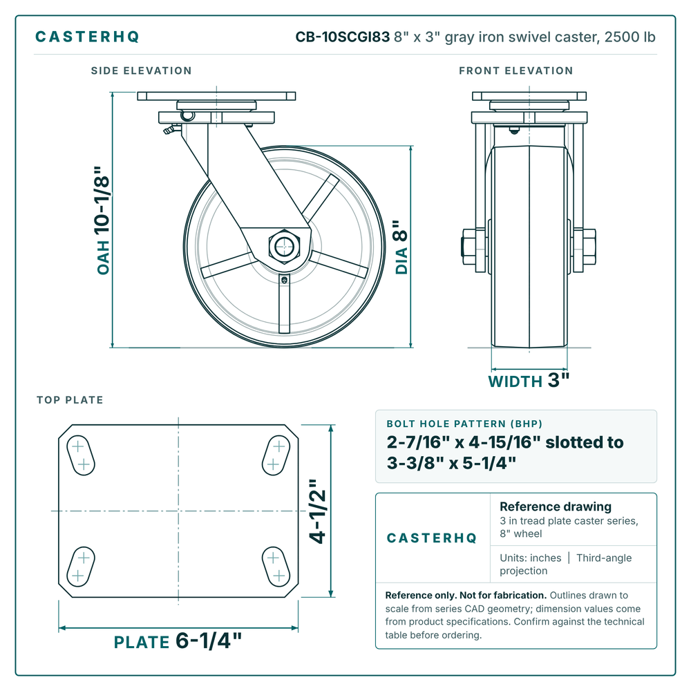 CB-10SCGI83 8 x 3 in gray iron swivel caster reference drawing, side, front and top plate views with dimensions