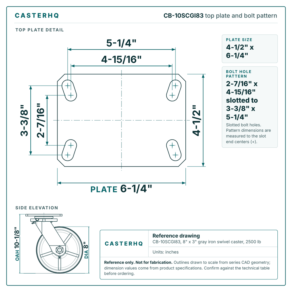 CB-10SCGI83 top plate bolt pattern drawing, 4-1/2 x 6-1/4 in plate, slotted bolt holes