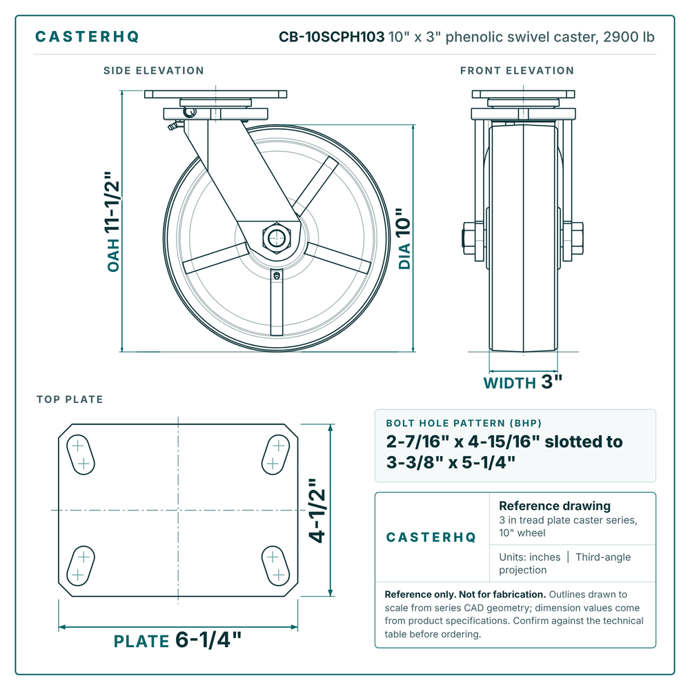 CB-10SCPH103 10 x 3 in phenolic swivel caster reference drawing, side, front and top plate views with dimensions