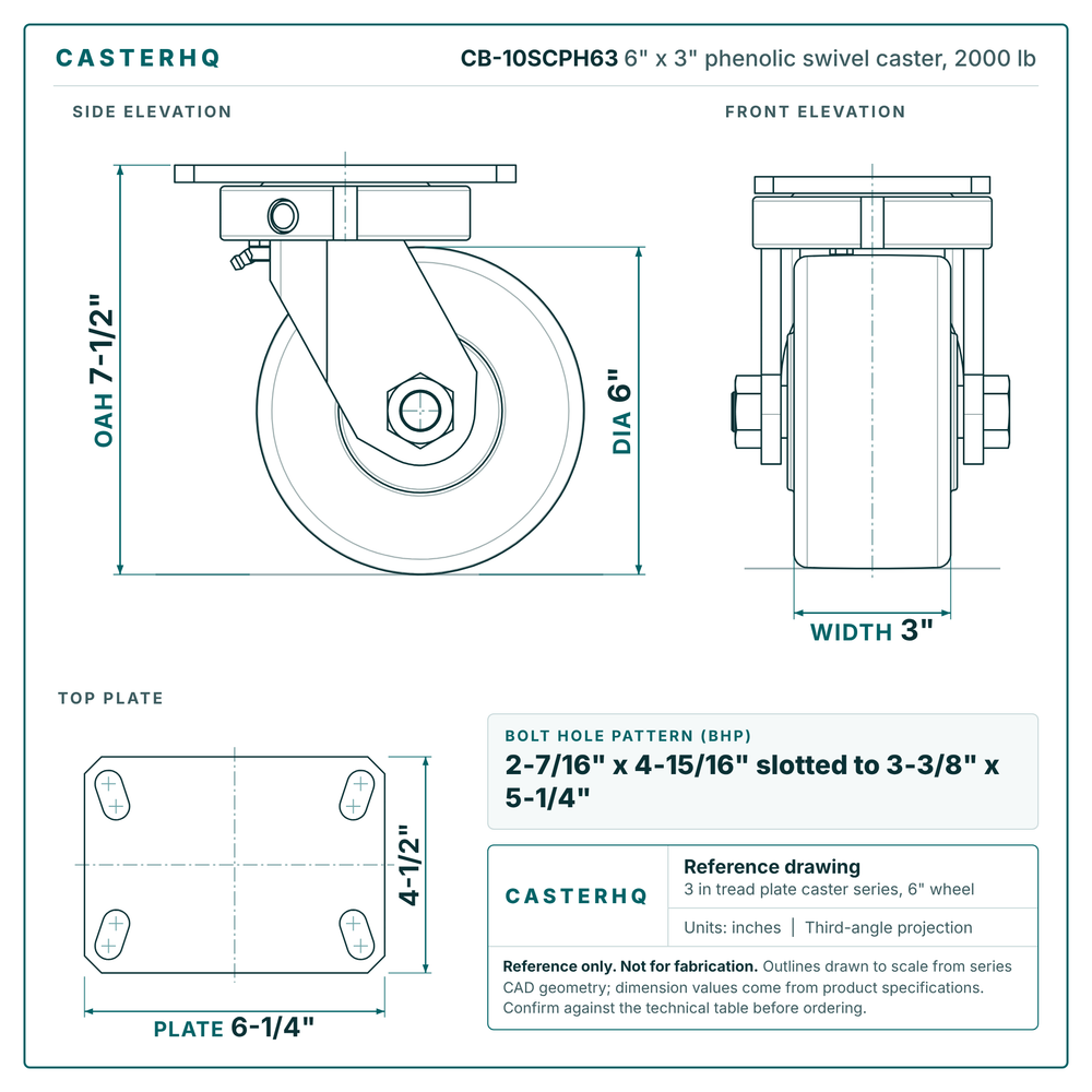 CB-10SCPH63 6 x 3 in phenolic swivel caster reference drawing, side, front and top plate views with dimensions