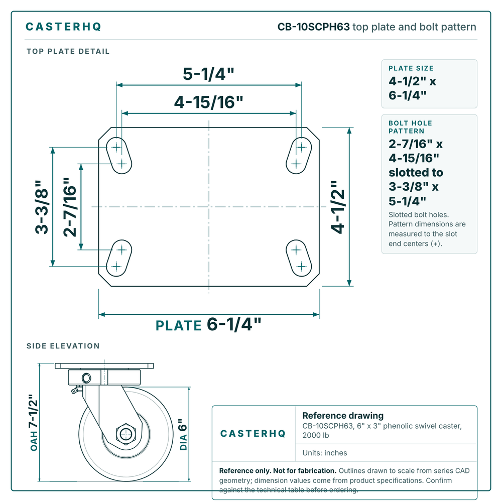 CB-10SCPH63 top plate bolt pattern drawing, 4-1/2 x 6-1/4 in plate, slotted bolt holes