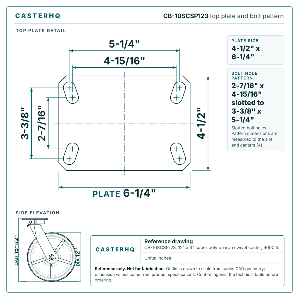 CB-10SCSP123 top plate bolt pattern drawing, 4-1/2 x 6-1/4 in plate, slotted bolt holes