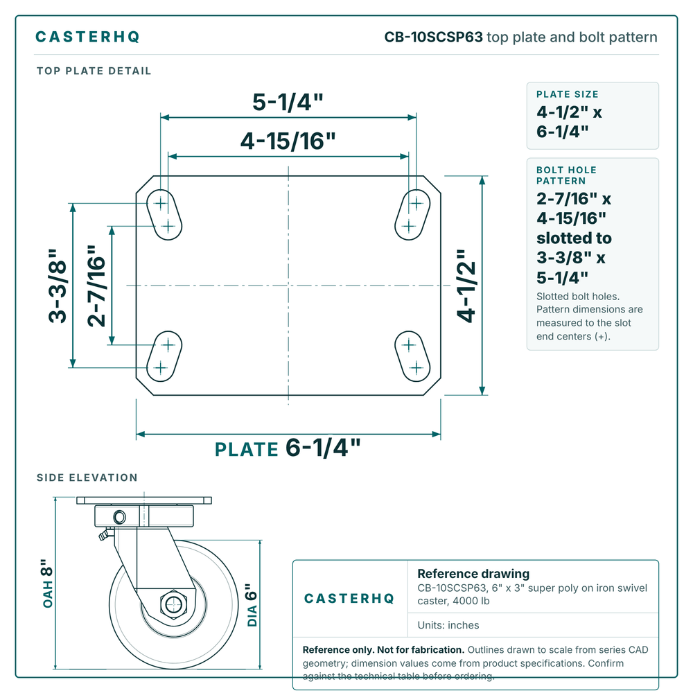 CB-10SCSP63 top plate bolt pattern drawing, 4-1/2 x 6-1/4 in plate, slotted bolt holes