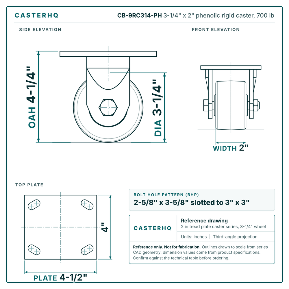 3-1/4" x 2" phenolic rigid caster reference drawing, side, front and top plate views with dimensions
