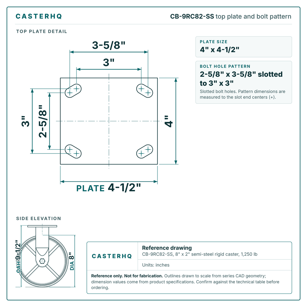 CB-9RC82-SS top plate bolt pattern drawing, 4 x 4-1/2 in plate, slotted bolt holes