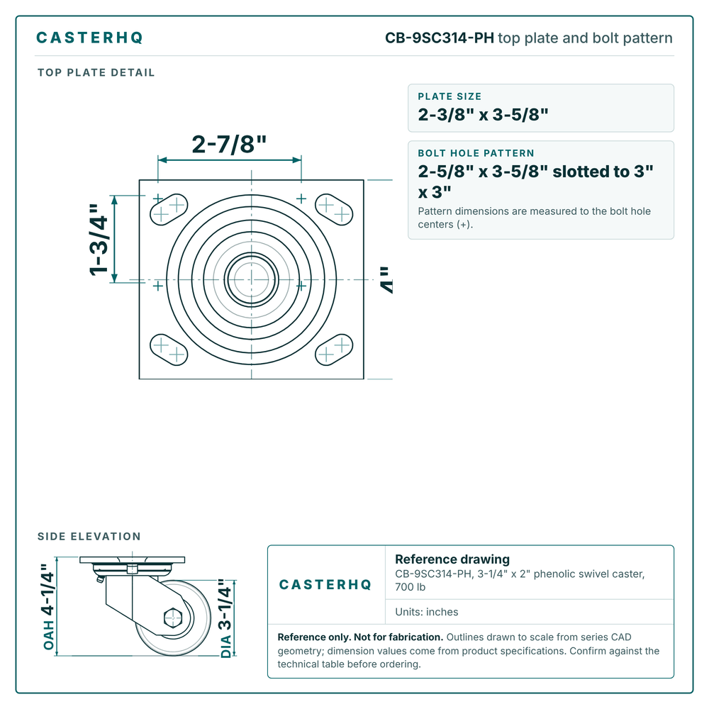 Top plate bolt pattern drawing, 4 x 4-1/2 in plate, 2-5/8 x 3-5/8 in slotted to 3 x 3 in, slotted bolt holes