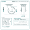 CB-9SC52-SS 5 x 2 in semi-steel swivel caster reference drawing, side, front and top plate views with dimensions