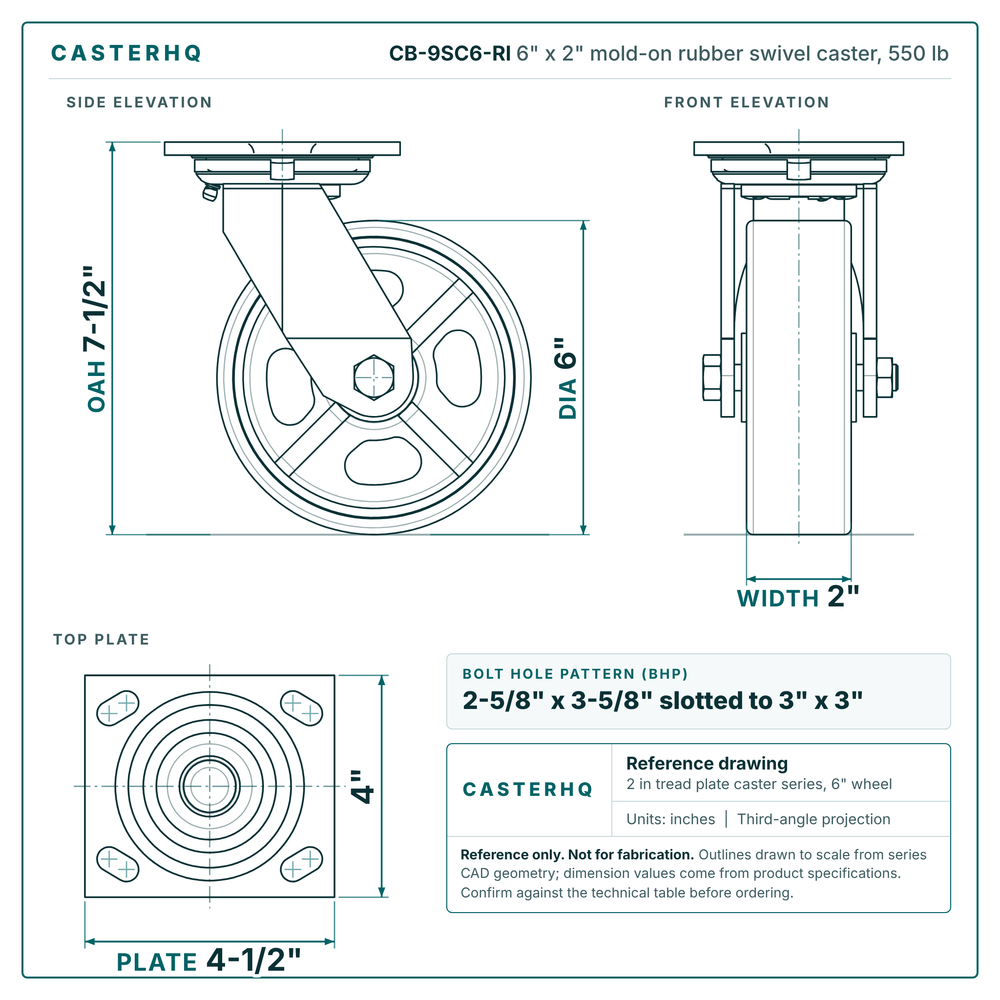 CB-9SC6-RI 6 x 2 in mold-on rubber swivel caster reference drawing, side, front and top plate views with dimensions