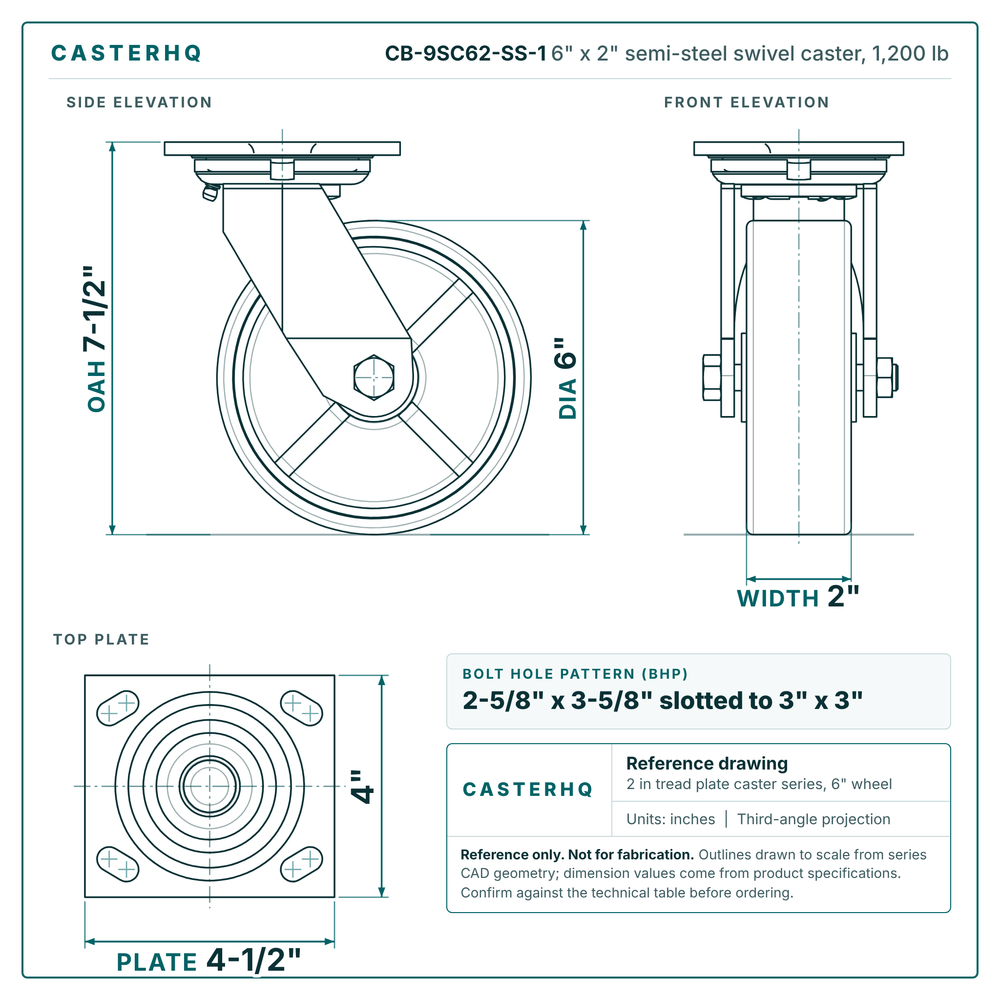 CB-9SC62-SS-1 6 x 2 in semi-steel swivel caster reference drawing, side, front and top plate views with dimensions