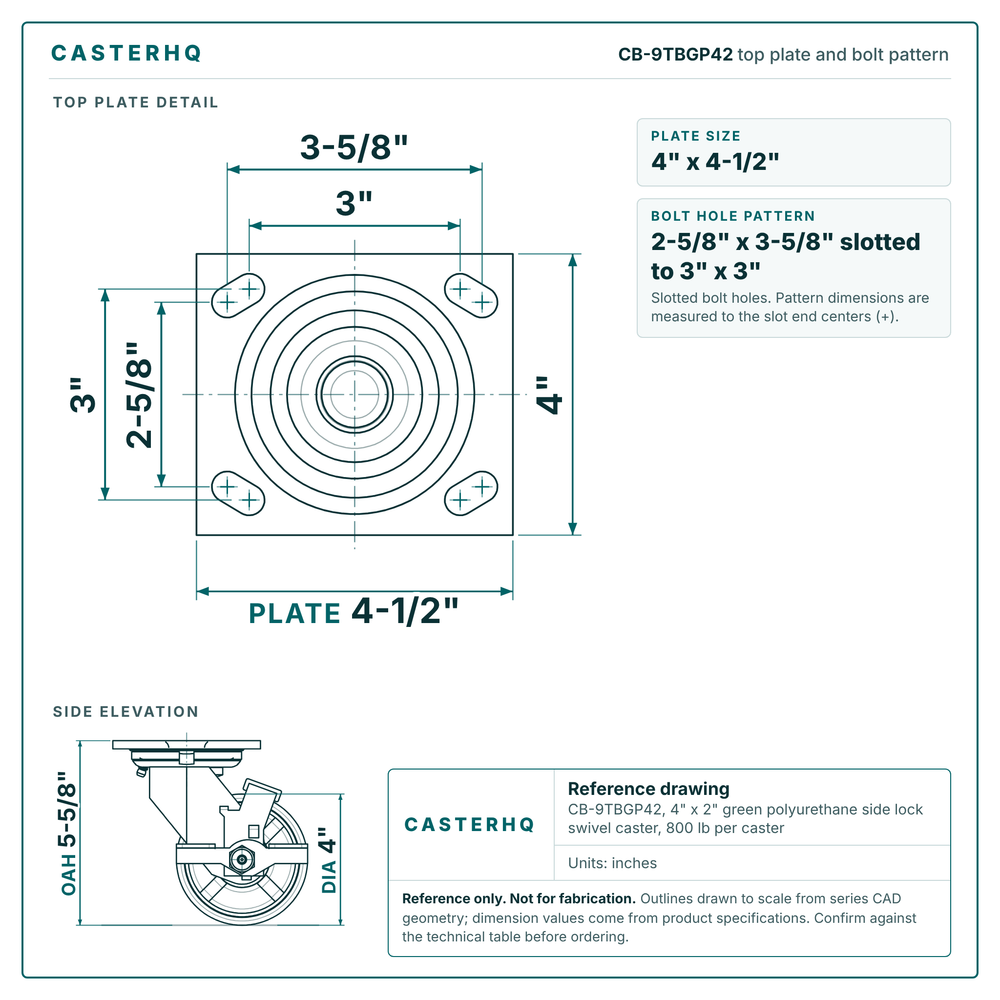 CB-9TBGP42 top plate bolt pattern drawing, 4 x 4-1/2 in plate, slotted bolt holes