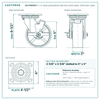CB-9TBGP52 5 x 2 in green polyurethane side lock swivel caster reference drawing, 1,100 lb per caster (set of 4: 2 side lock swivel + 2 rigid), side, front and top plate views with dimensions