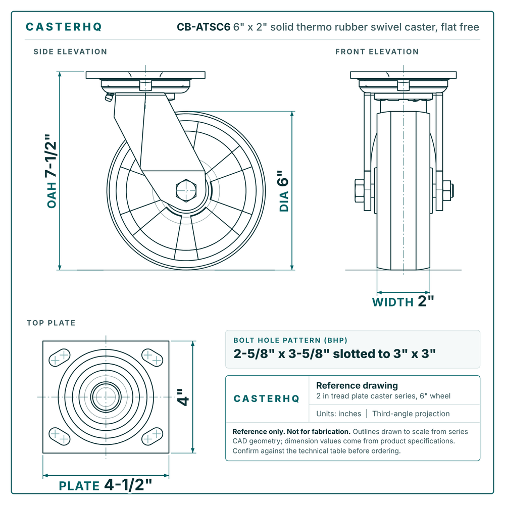 6" x 2" solid thermo rubber swivel caster reference drawing, side, front and top plate views with dimensions