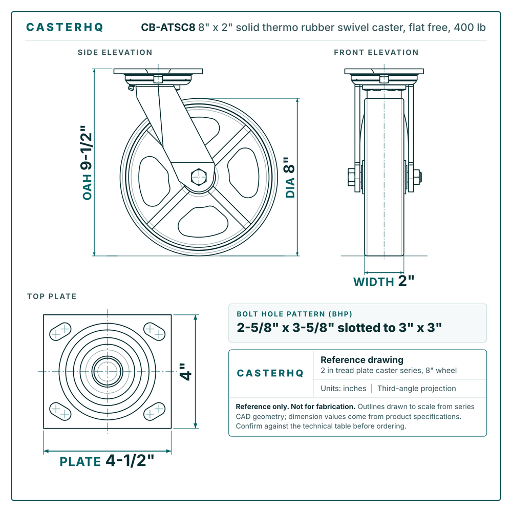 8" x 2" solid thermo rubber swivel caster, 400 lb, reference drawing, side, front and top plate views with dimensions