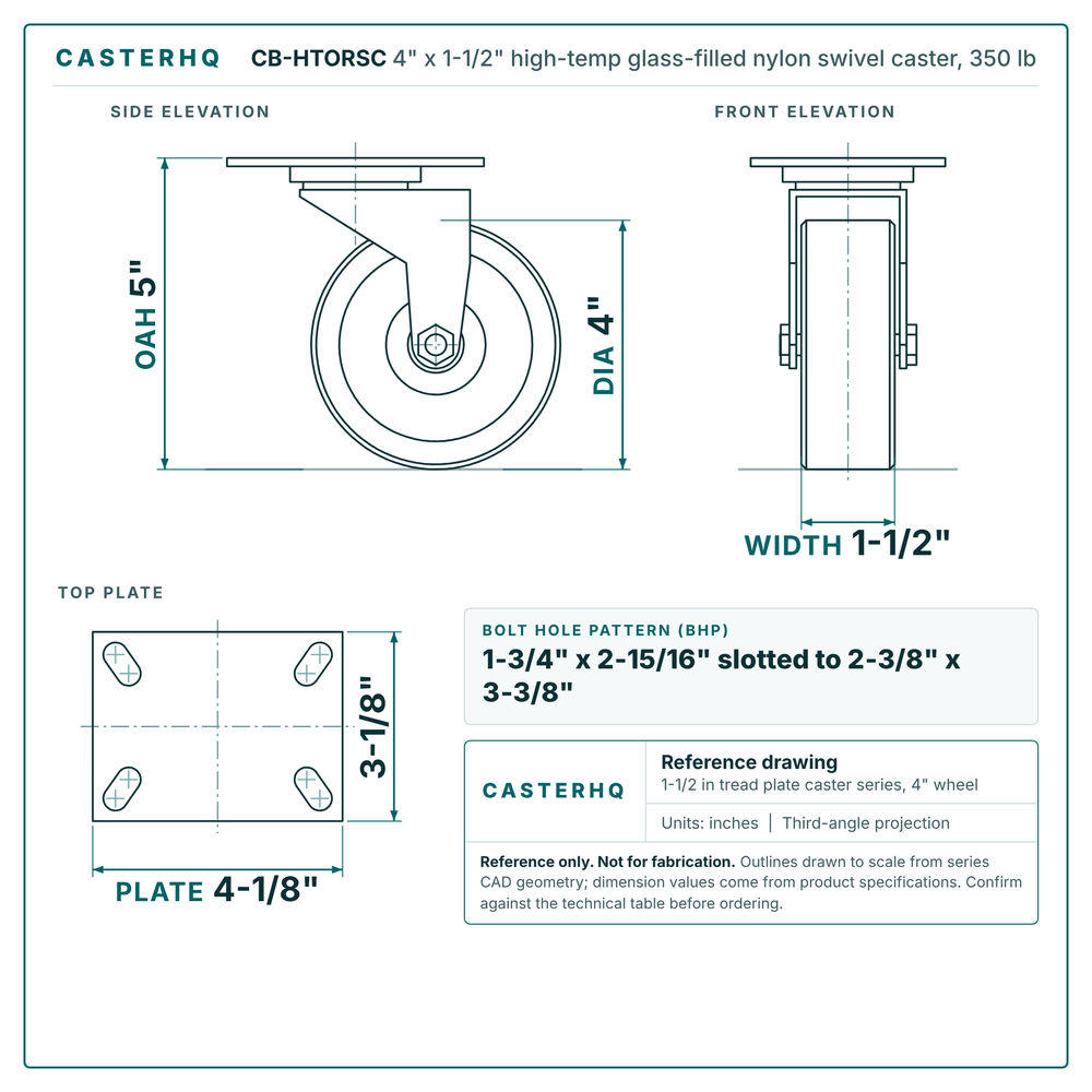 CB-HTORSC 4 x 1-1/2 in high-temp glass-filled nylon swivel caster reference drawing, side, front and top plate views with dimensions