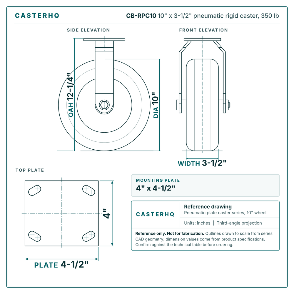 10" x 3-1/2" pneumatic rigid caster reference drawing, side, front and top plate views with dimensions