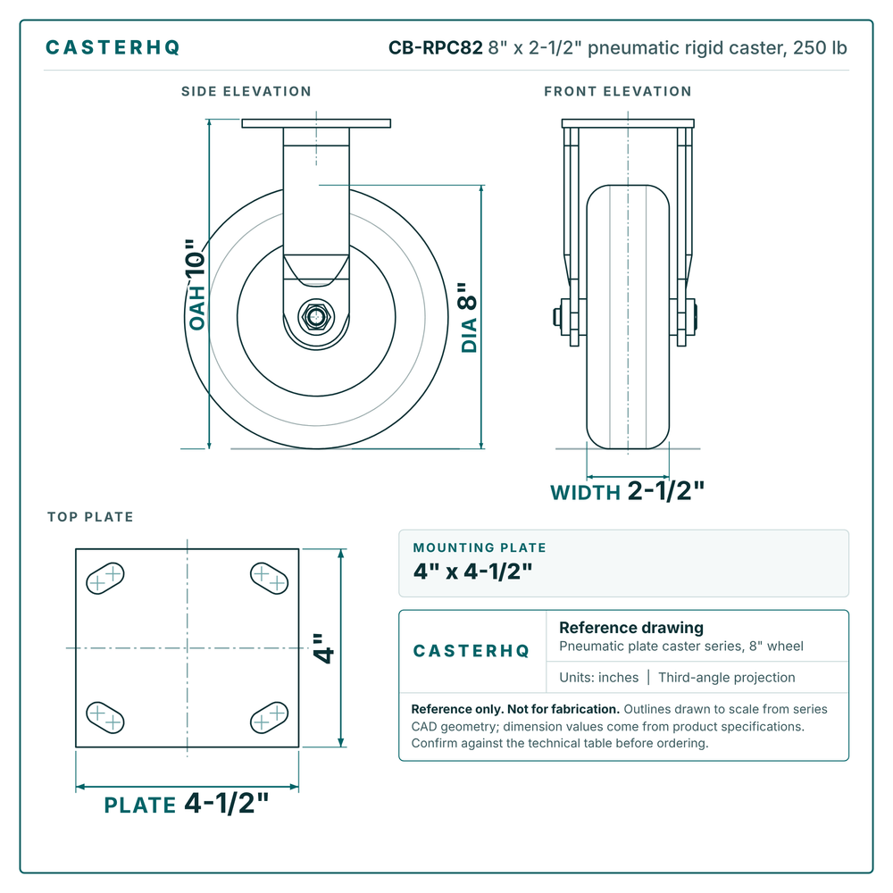 8" x 2-1/2" pneumatic rigid caster reference drawing, side, front and top plate views with dimensions