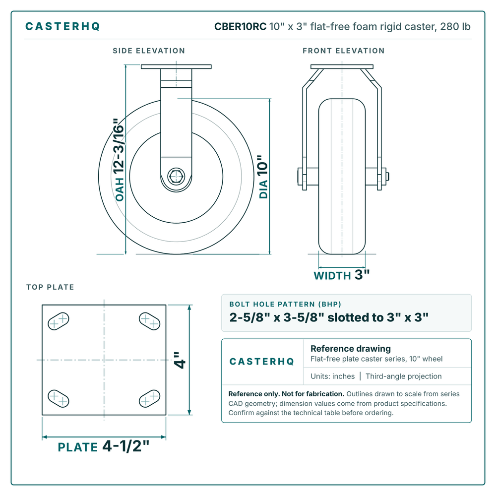 10" x 3" flat-free foam rigid caster reference drawing, side, front and top plate views with dimensions