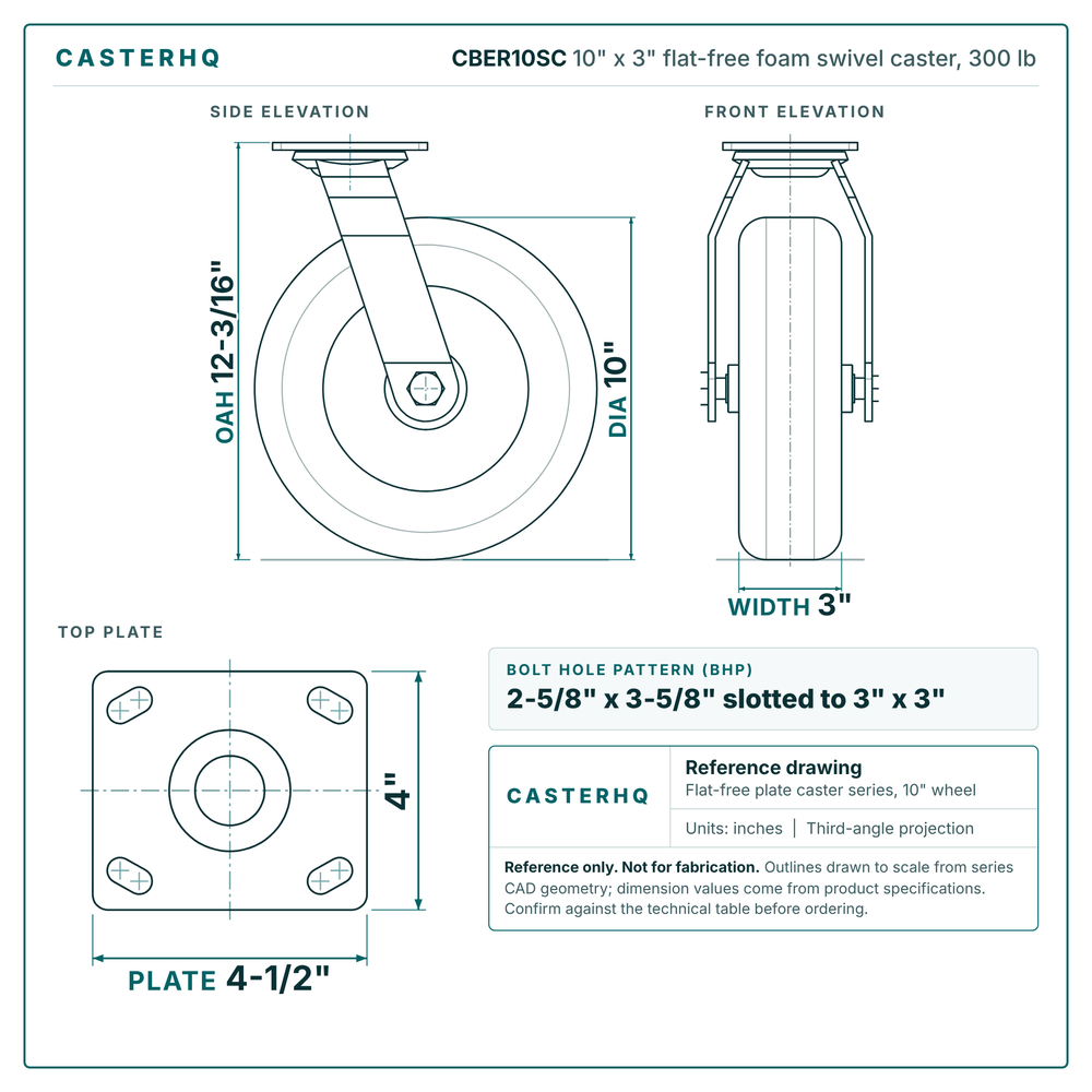 10" x 3" flat-free foam swivel caster reference drawing, side, front and top plate views with dimensions