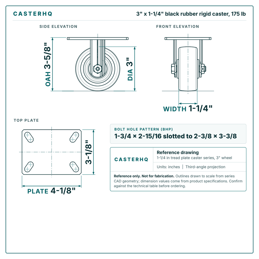 3 x 1-1/4 in black rubber rigid caster reference drawing, side, front and top plate views with dimensions
