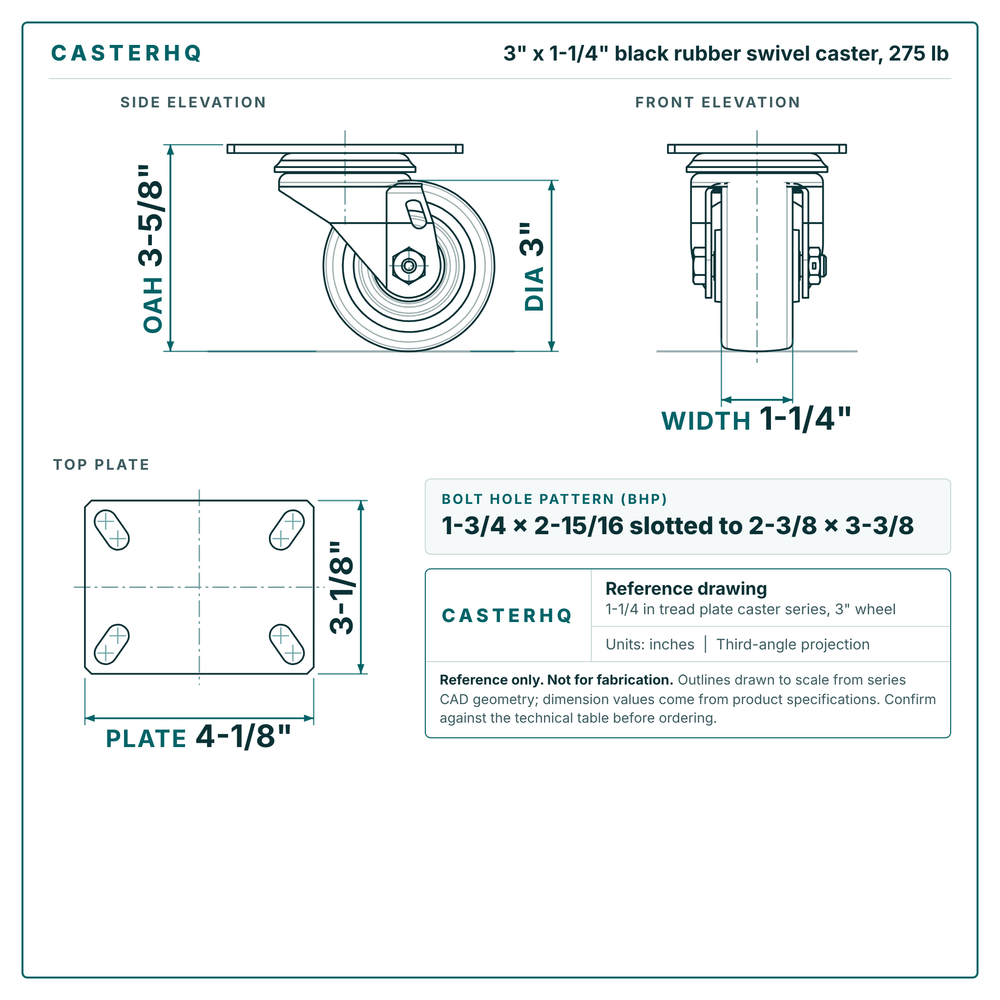 3 x 1-1/4 in black rubber swivel caster reference drawing, side, front and top plate views with dimensions