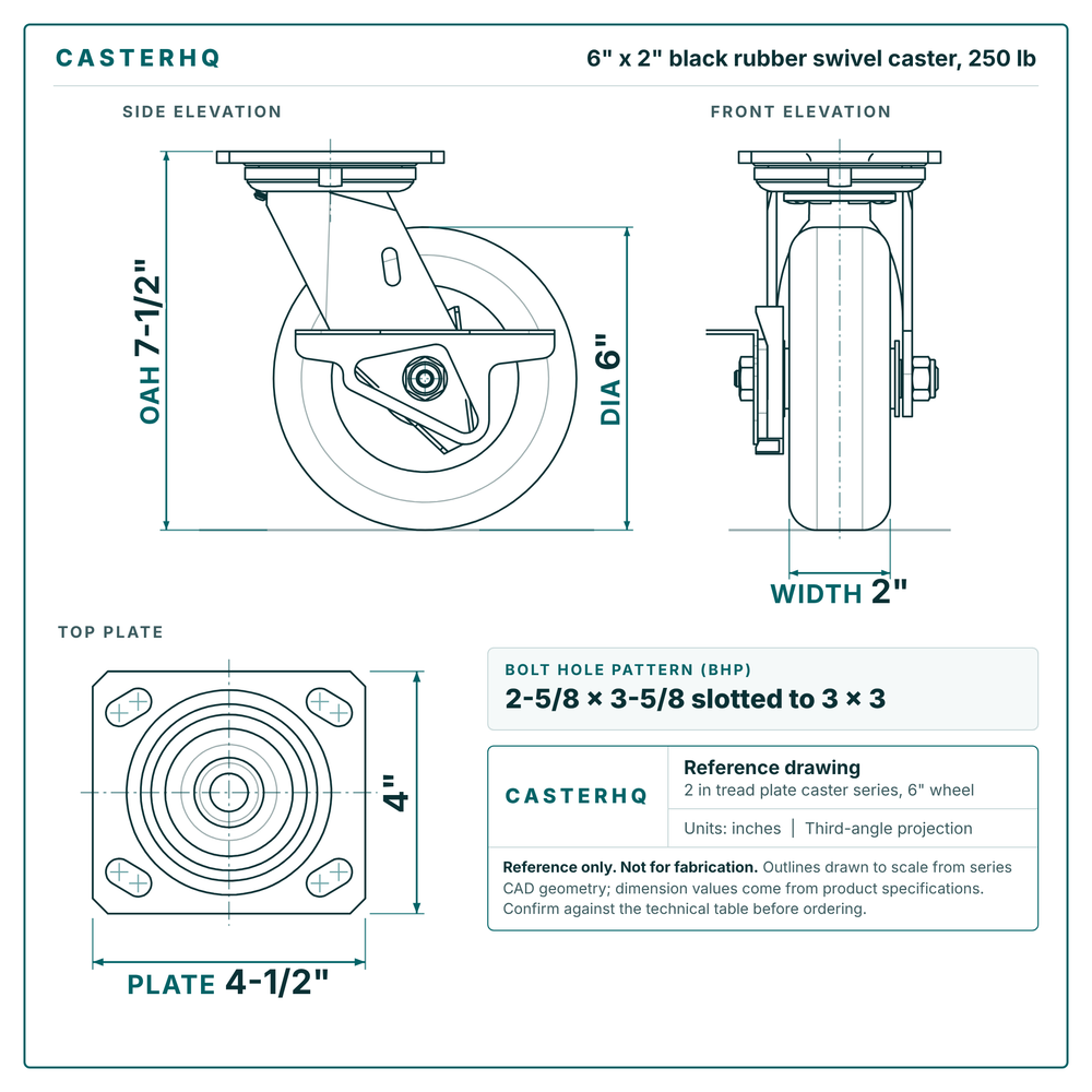 6 x 2 in black rubber swivel caster reference drawing, side, front and top plate views with dimensions