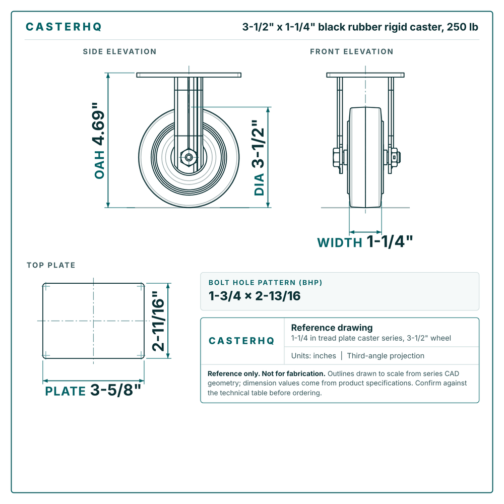 3-1/2 x 1-1/4 in black rubber rigid caster reference drawing, side, front and top plate views with dimensions