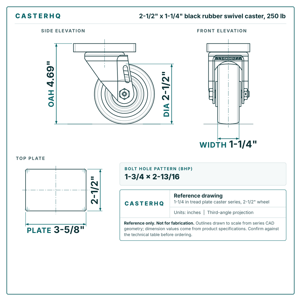 2-1/2 x 1-1/4 in black rubber swivel caster reference drawing, side, front and top plate views with dimensions