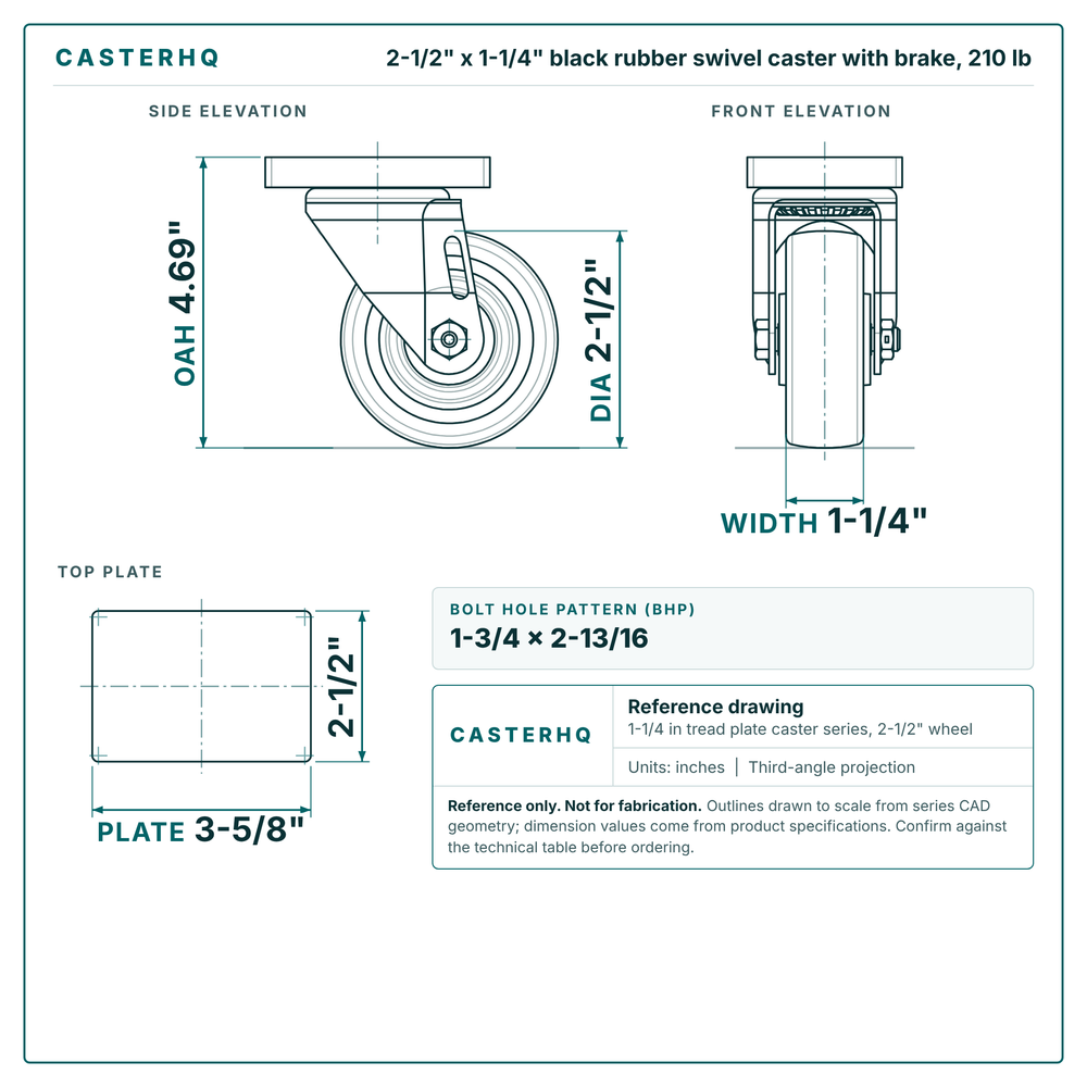 2-1/2 x 1-1/4 in black rubber swivel caster with brake reference drawing, side, front and top plate views with dimensions