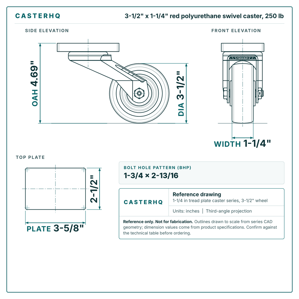 3-1/2 x 1-1/4 in red polyurethane swivel caster reference drawing, side, front and top plate views with dimensions