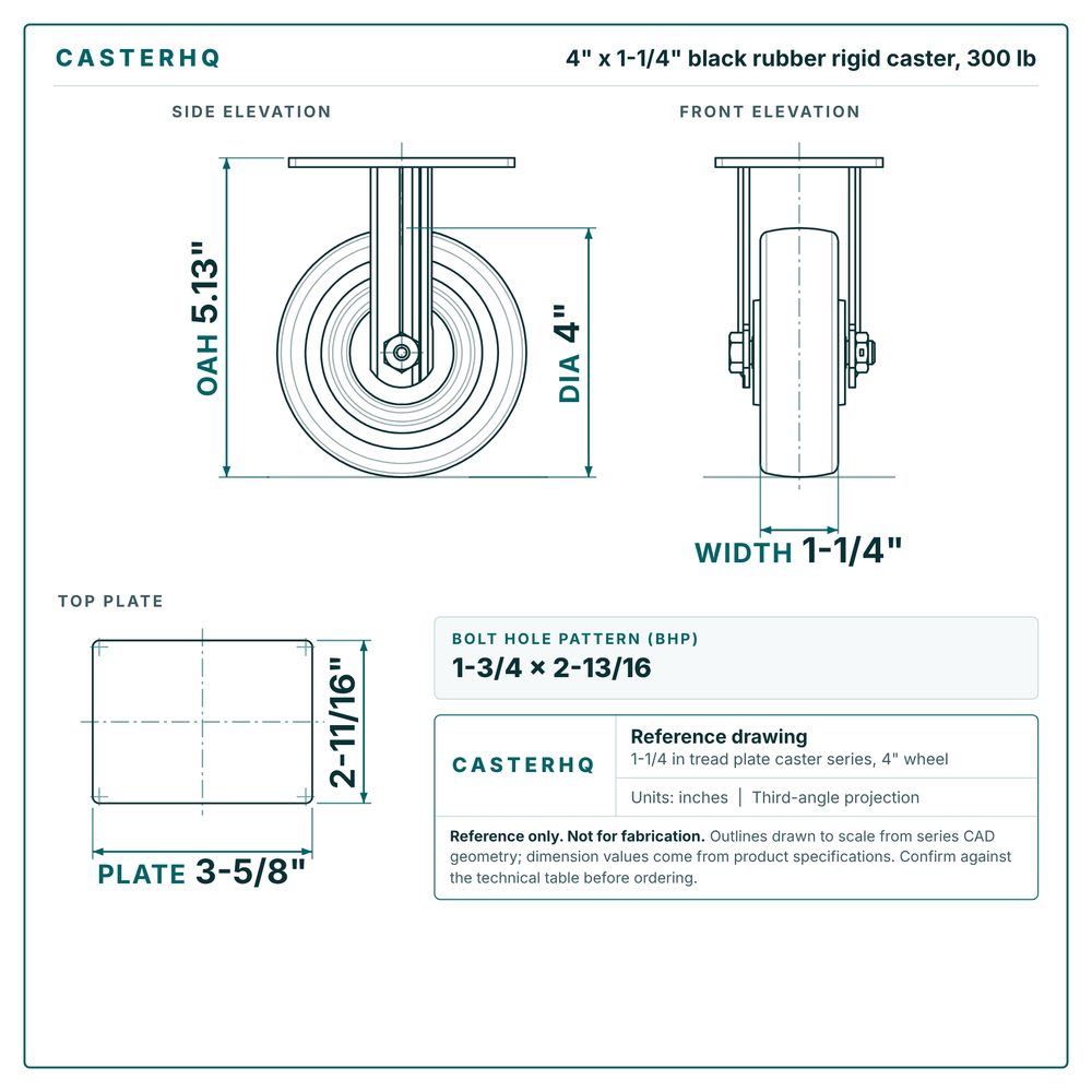 4 x 1-1/4 in black rubber rigid caster reference drawing, side, front and top plate views with dimensions
