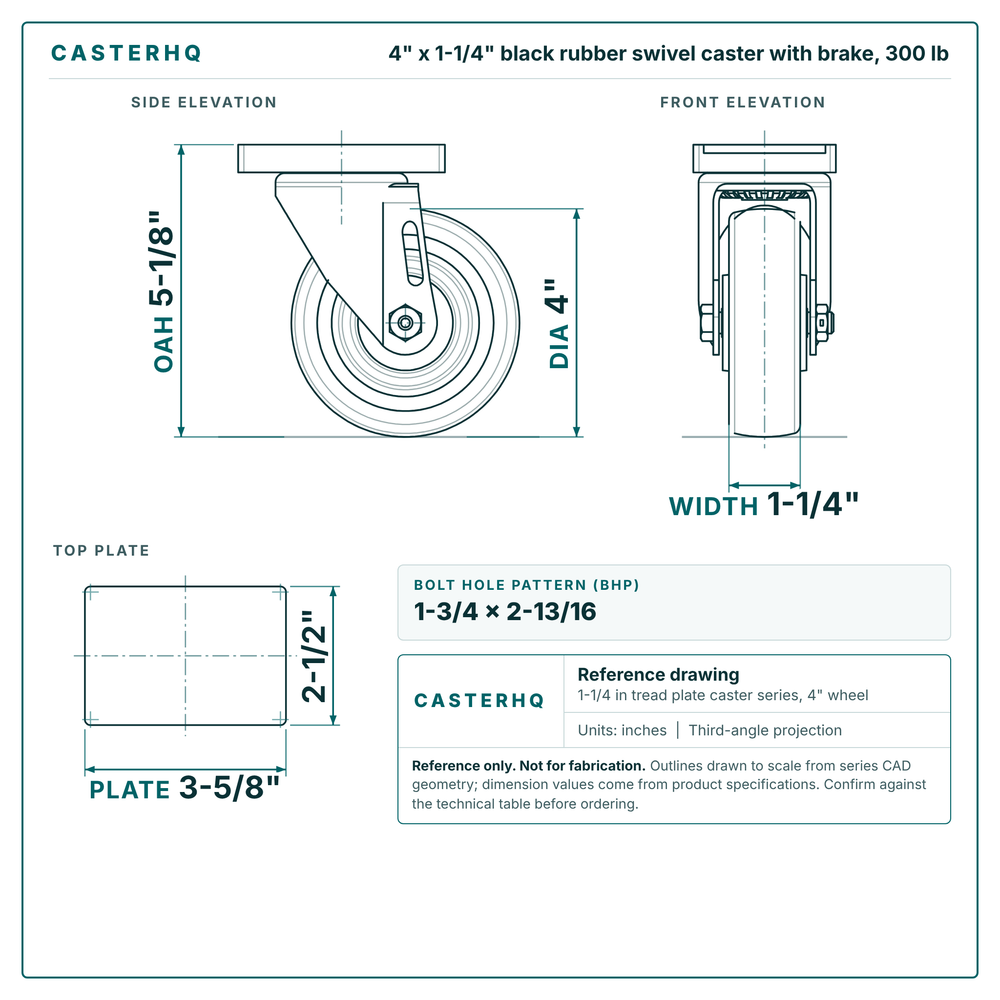 4 x 1-1/4 in black rubber swivel caster with brake reference drawing, side, front and top plate views with dimensions