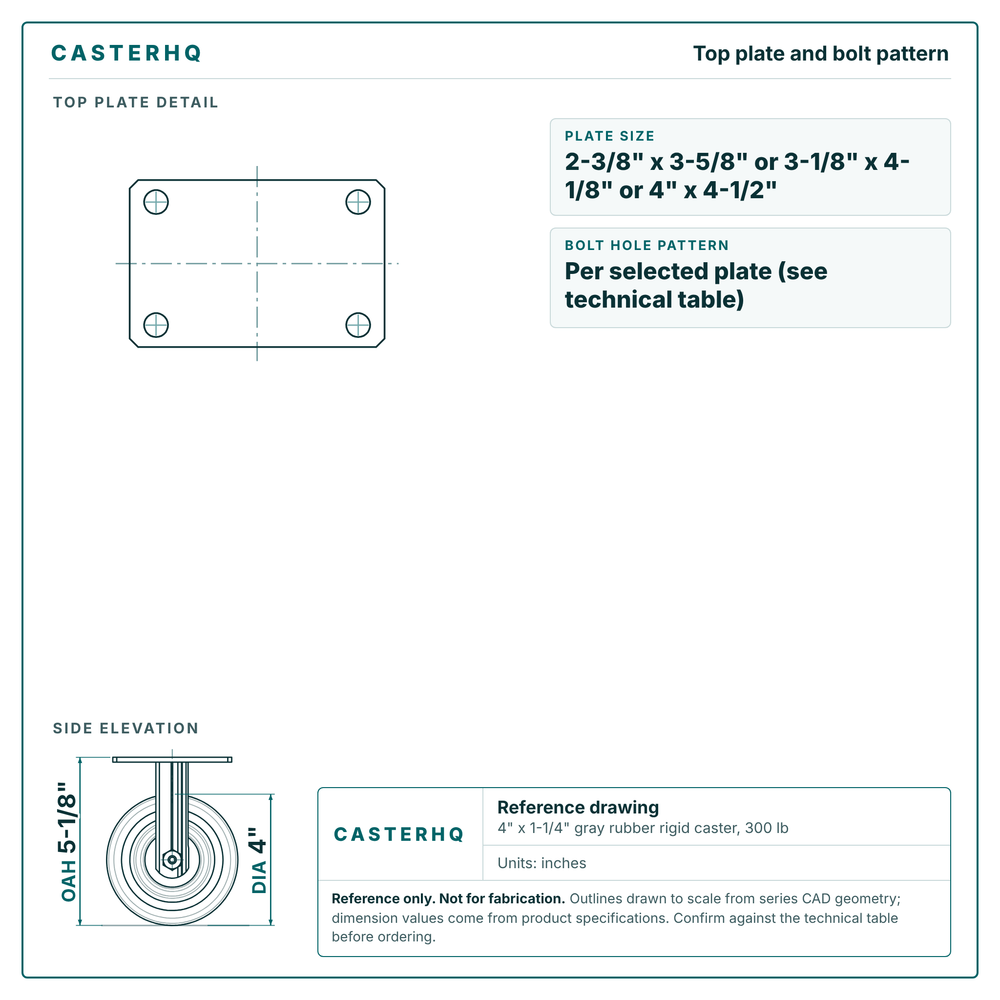 Top plate bolt pattern drawing, 2-3/8 x 3-5/8 or 3-1/8 x 4-1/8 or 4 x 4-1/2 plate