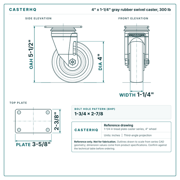 4 x 1-1/4 in gray rubber swivel caster reference drawing, side, front and top plate views with dimensions