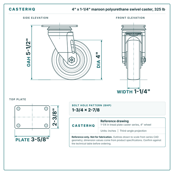 4 x 1-1/4 in maroon polyurethane swivel caster reference drawing, side, front and top plate views with dimensions