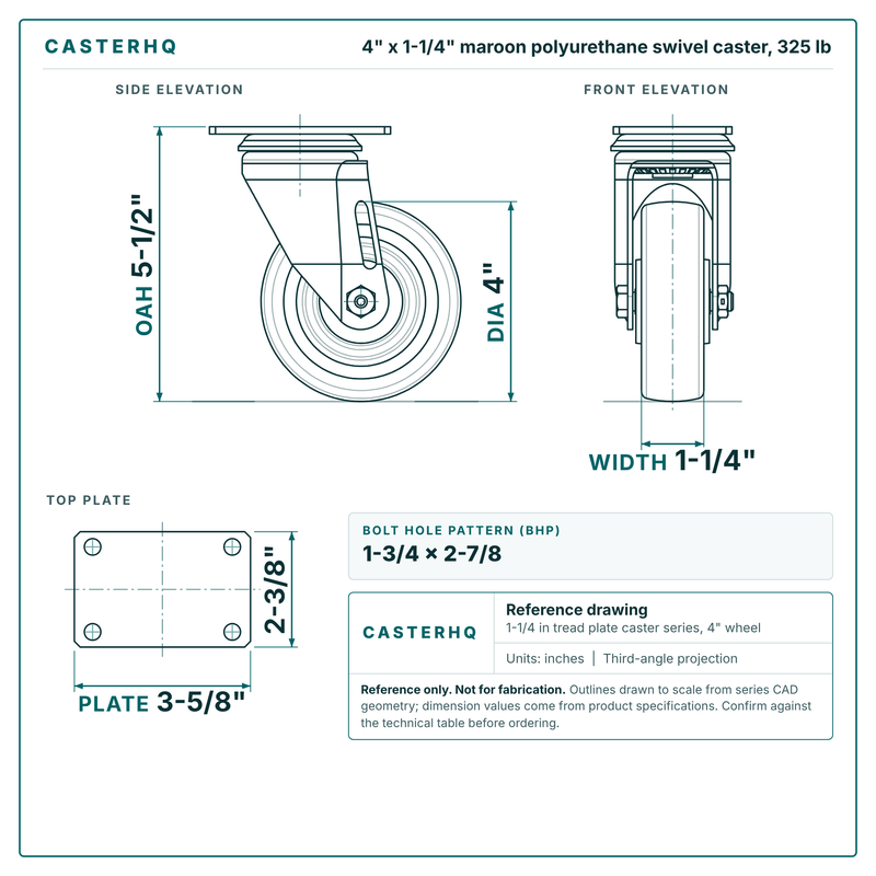 4 x 1-1/4 in maroon polyurethane swivel caster reference drawing, side, front and top plate views with dimensions