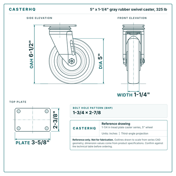 5 x 1-1/4 in gray rubber swivel caster reference drawing, side, front and top plate views with dimensions
