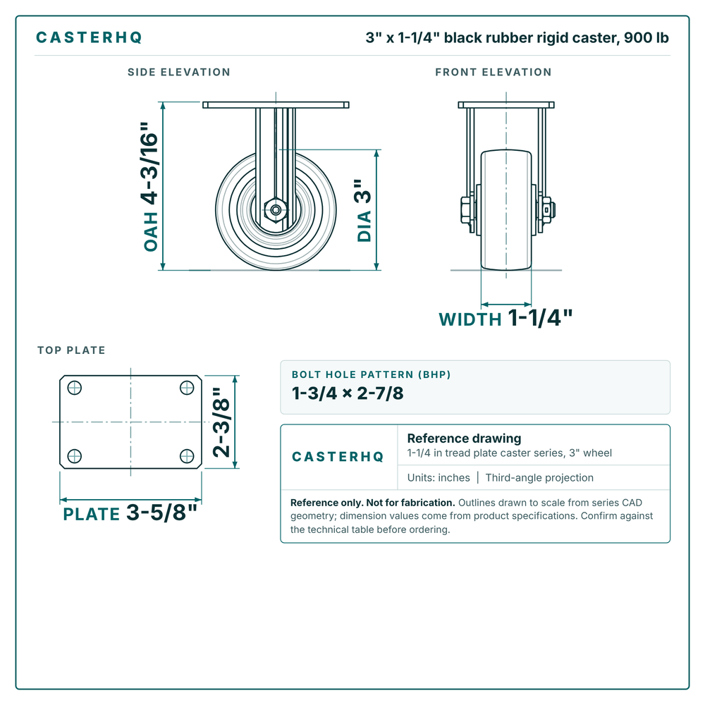 3 x 1-1/4 in black rubber rigid caster reference drawing, side, front and top plate views with dimensions